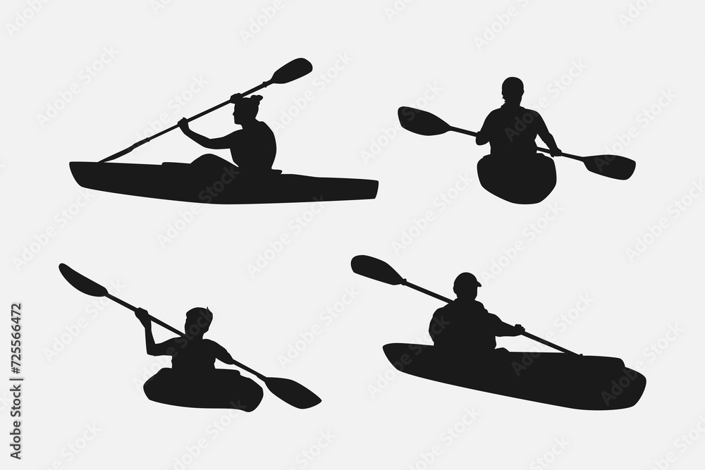 kayaking silhouette collection set. water sport, race, transport concept. different action, pose. monochrome vector illustration. - obrazy, fototapety, plakaty 
