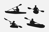 kayaking silhouette collection set. water sport, race, transport concept. different action, pose. monochrome vector illustration.