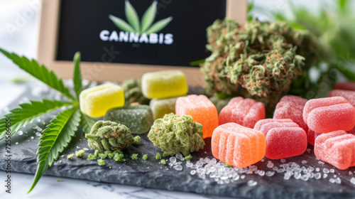 Cannabis Gummies and Buds Display.
Assorted cannabis edibles and buds on display with label. photo