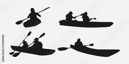 kayaking silhouette collection set. water sport, race, transport concept. different action, pose. monochrome vector illustration.
