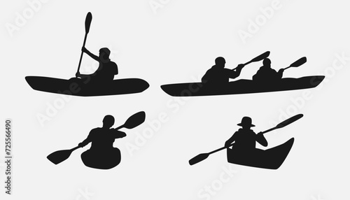 kayaking silhouette collection set. water sport, race, transport concept. different action, pose. monochrome vector illustration.
