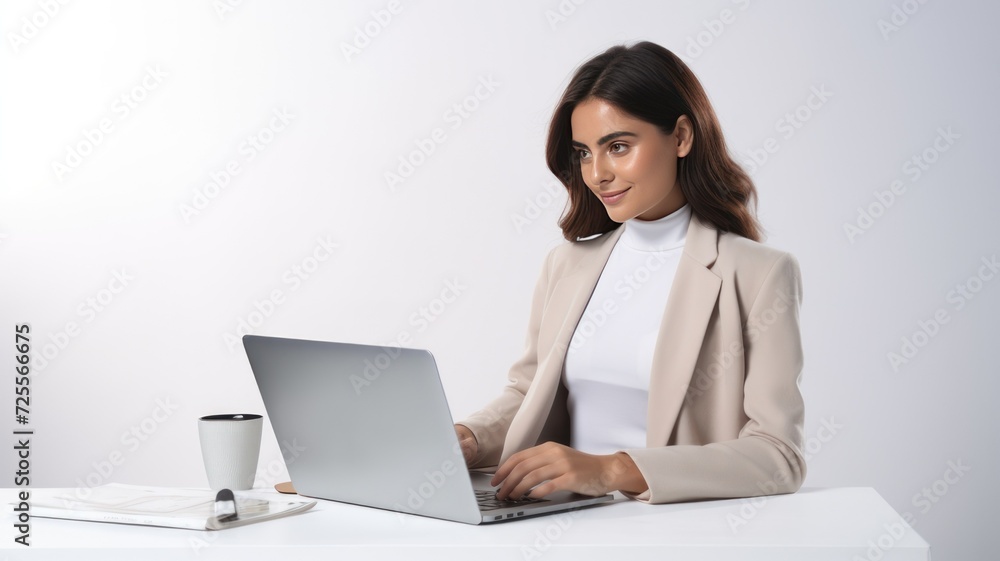 a woman is working on a laptop at a desk in the office
a woman is working on a laptop at a desk in the office