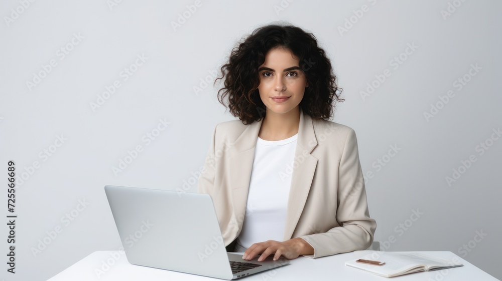 Awoman in a business suit is working on a laptop in an office
Awoman in a business suit is working on a laptop in an office