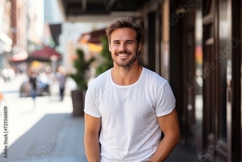 Portrait of a handsome young man standing in the street and smiling
