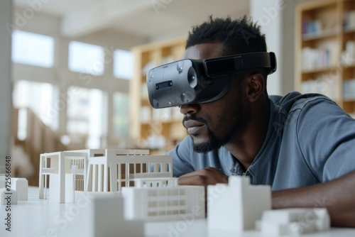 Architect Studying Model with VR Headset. Architect analyzes 3D architectural model using VR.