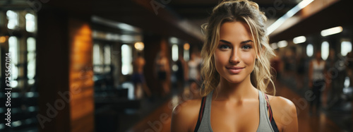 Woman trainer smiling at fitness gym abstract background. Generative ai.