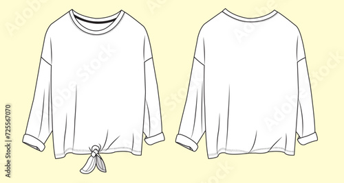 Ladies and Teen Girls Round Neck Long Sleeve with Tie Details at Hem - Black and White Outline Fashion Flat Sketch with Front and Back View.