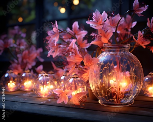 Pink flowers in a glass vase and burning candles on the windowsill