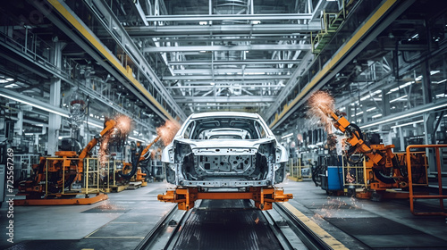 robotic arms in a car plant, robot assembly line in car factory, The robotic arm of the car production plant is working, Generative Ai photo