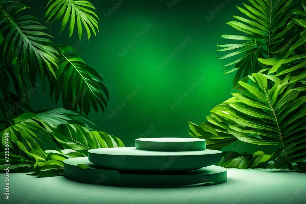 Green background podium product platform for nature beauty cosmetic stage scene. Abstract rock podium pedestal mockup with green leaf shadow. Photography showcase fresh banner
