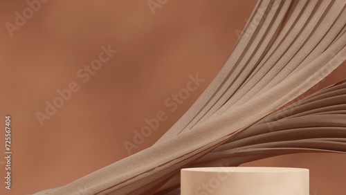 Fototapeta Naklejka Na Ścianę i Meble -  in landscape floating fabric and brown wall, 3d rendering blank mockup light brown cylinder podium
