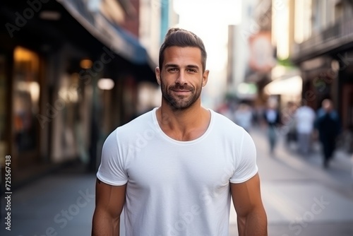 Portrait of a handsome young man in a white t-shirt outdoors