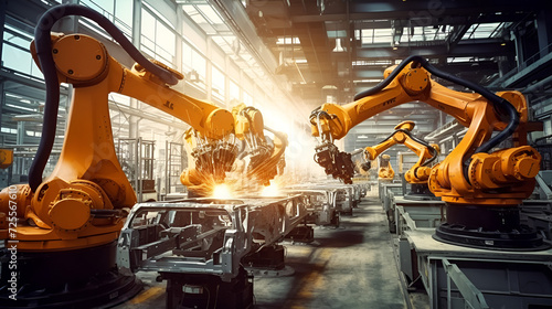 robotic arms in a car plant, robot assembly line in car factory, The robotic arm of the car production plant is working, Generative Ai © HayyanGFX