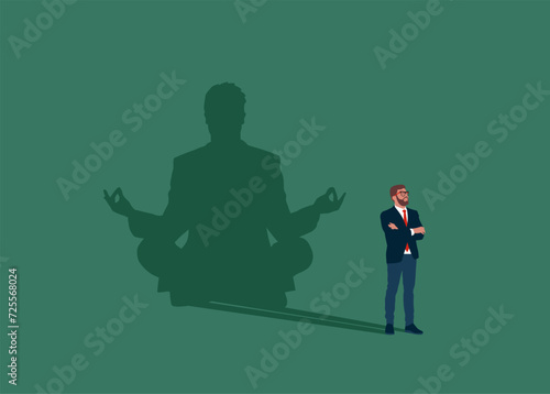 Businessman standing with yoga shadow. To calm down the stressful emotion from hard work in office. Concept of meditation. Flat vector illustration