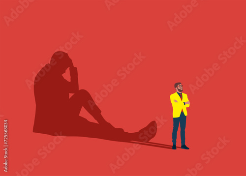Unhappy human. Stress and failure. The businessman’s crisis. Unhappy businessman standing with shadow sitting on floor. Bad mood concept. Flat vector illustration