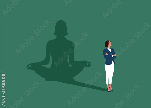 Woman standing with yoga shadow in lotus meditation with positive energy. Stress management, meditation. Flat vector illustration.