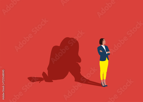 Unhappy female standing with shadow sitting on floor and hugging knees. Female empowerment movement. Flat vector illustration.