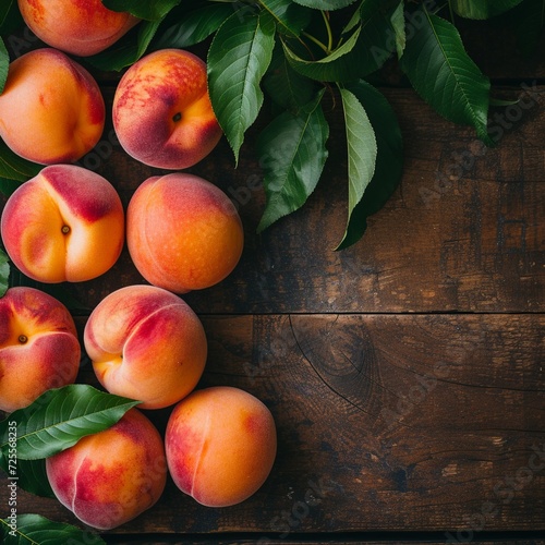 Fresh Peaches on Vintage Wood Table Top View