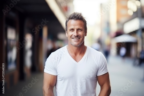 Portrait of handsome mature man standing in city street smiling at camera