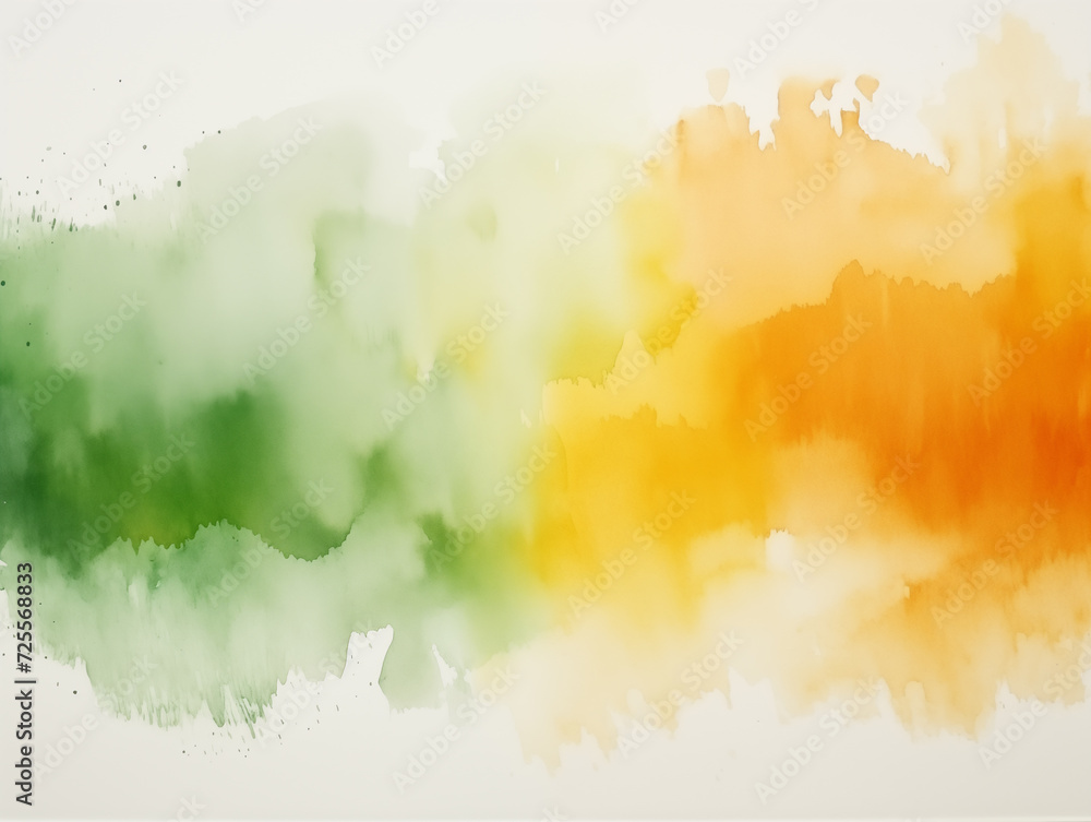 Green and orange watercolor stains on white paper background