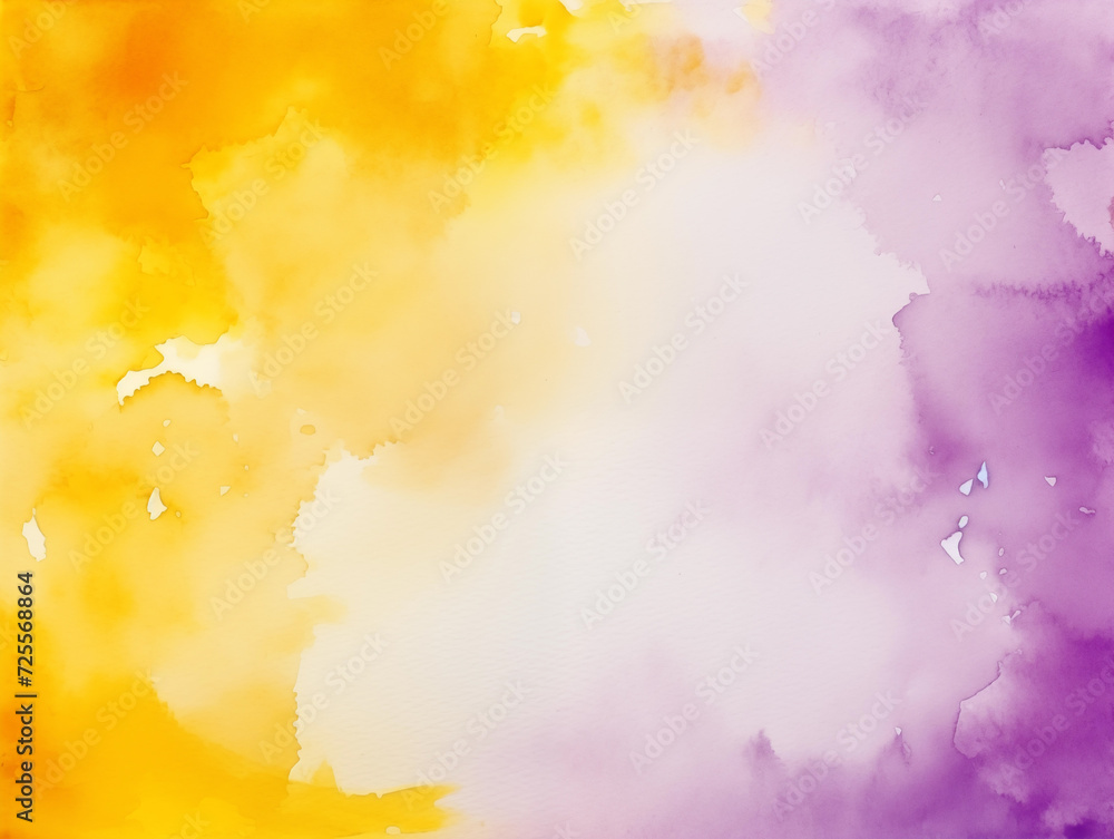 Yellow and purple watercolor stains on white paper background