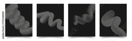 Abstract black poster with fluid line shapes grainy noise effect set. Vintage halftone effect curves cover design. Stippling, dotwork pattern. Vector illustration