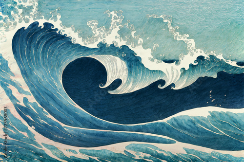Obraz na płótnie Watercolor like illustration of rolling deep blue ocean waves, gale force wind high surf and white foam