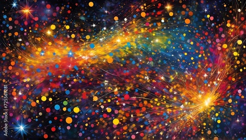 Abstract background with colorful bokeh lights and stars. 