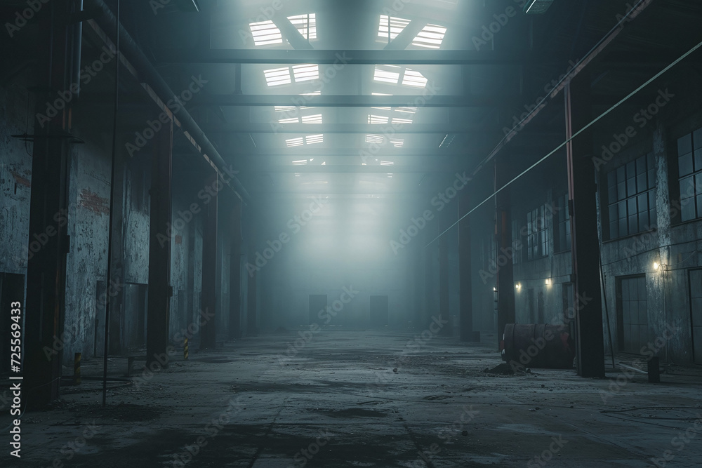 Foggy industrial hall with eerie glow and decaying structure