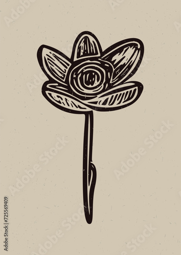 Handmade vector linocut flower motif clipart in folkart scandi style. Simple monochrome block print floral shapes with woodcut paper texture effect. 