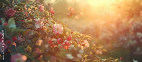 Vintage-style spring sunset in an apple garden adorned with flowers.
