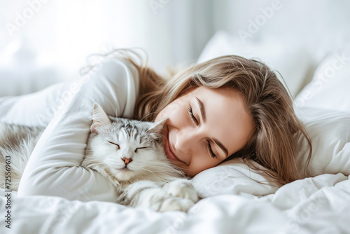 smiling woman gently cuddling with her fluffy cat on peaceful morning, serene affection in white linen on cozy bed at home.