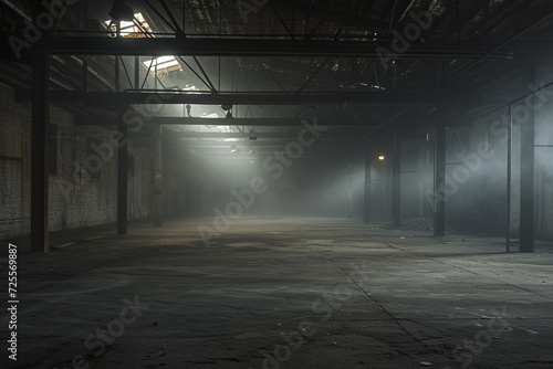 Mysterious abandoned warehouse with rays of light piercing through the fog