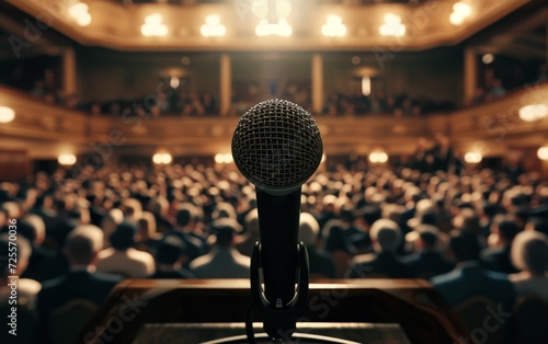 Close-up of a microphone in focus, with a blurred audience and elegant theater interior in the background.