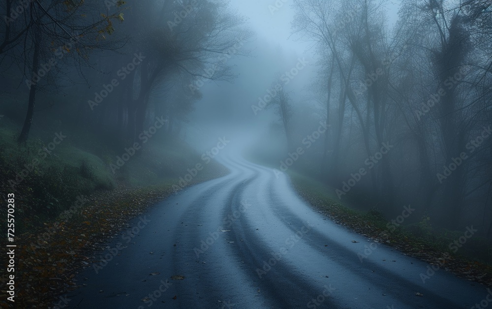 Misty forest road with tire tracks, surrounded by dark trees, evoking a mysterious and eerie atmosphere. Misty forest road with tire tracks, surrounded by dark trees, evoking a mysterious and eerie atmosphere.