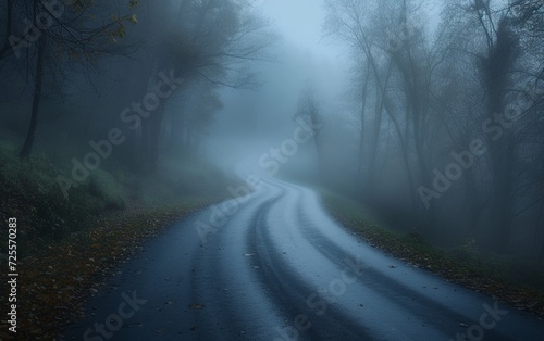 Misty forest road with tire tracks, surrounded by dark trees, evoking a mysterious and eerie atmosphere.