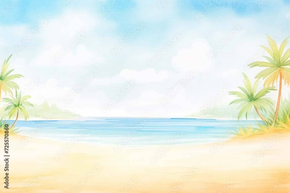 A relaxing tropical paradise with palm trees gently swaying in the soft breeze and waves embracing the sandy shore , cartoon drawing, water color style