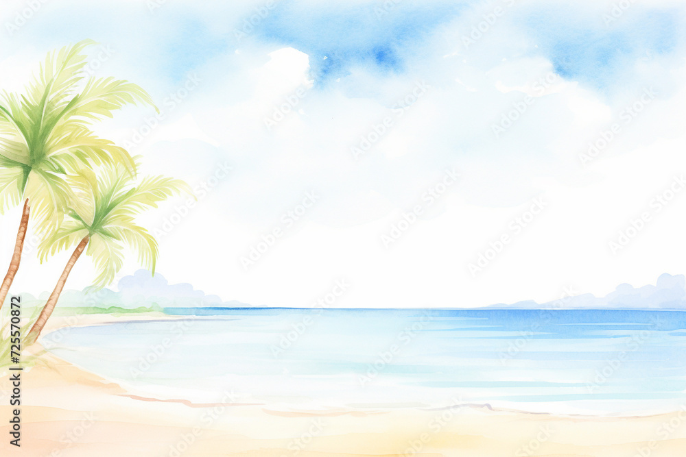 A relaxing tropical paradise with palm trees gently swaying in the soft breeze and waves embracing the sandy shore , cartoon drawing, water color style