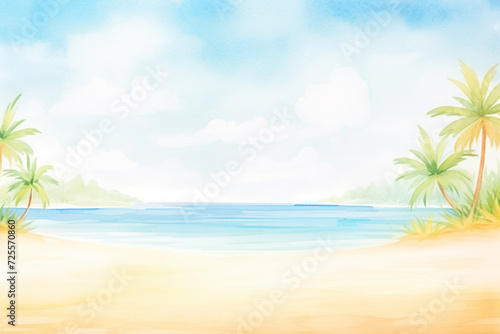 A relaxing tropical paradise with palm trees gently swaying in the soft breeze and waves embracing the sandy shore   cartoon drawing  water color style