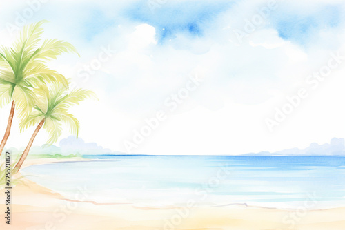 A relaxing tropical paradise with palm trees gently swaying in the soft breeze and waves embracing the sandy shore , cartoon drawing, water color style © Watercolorbackground