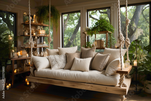 A shelf behind the swing hosts an assortment of books and small items, contributing to the charm of this inviting and cozy setting.