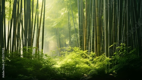 Panoramic view of the majestic green bamboo forest. Mighty trees. Atmospheric dreamlike landscape. Pure nature  ecology  environmental conservation  ecotourism. Panoramic view