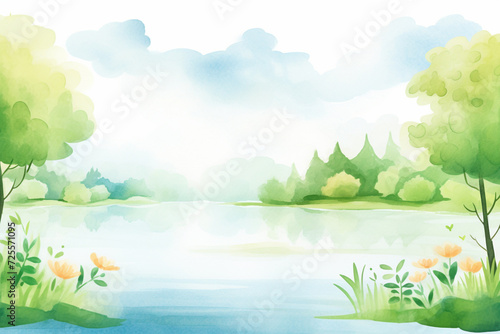 A serene summer lake surrounded by a lush green forest , cartoon drawing, water color style