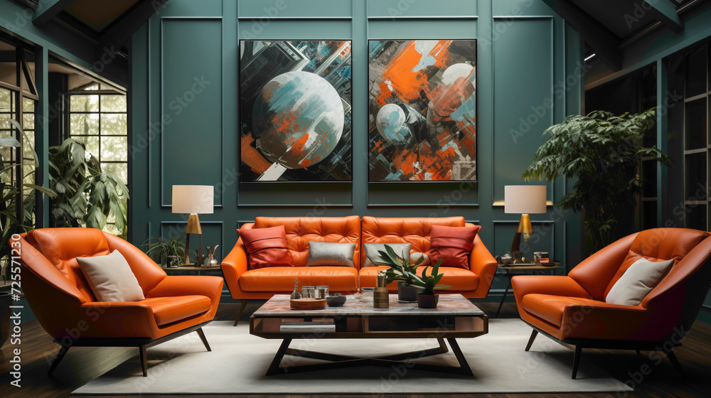 Step into a well-designed living room with a green sofa and complementary orange chairs positioned against a wall featuring an artfully displayed poster frame. 