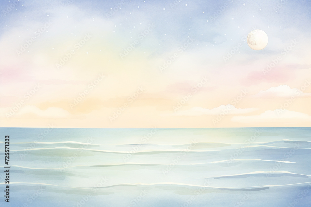 A soothing seascape featuring a full moon over the gentle ocean waves , cartoon drawing, water color style