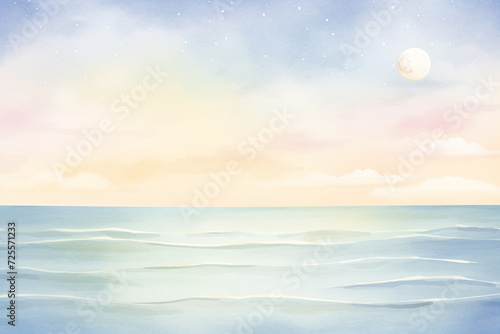 A soothing seascape featuring a full moon over the gentle ocean waves , cartoon drawing, water color style