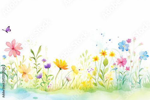A spring meadow with wild flowers, full of vibrant colors creating a decorative art piece , cartoon drawing, water color style