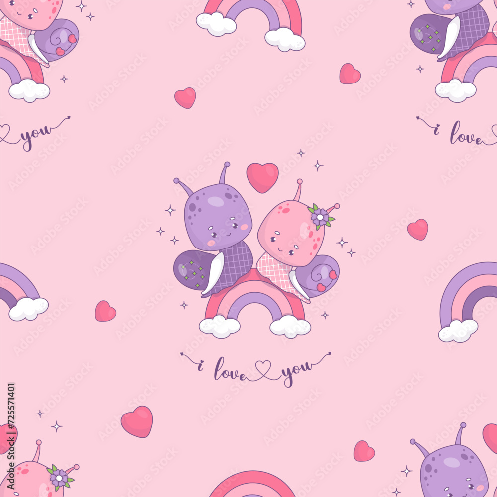 Seamless pattern with loving couple snails on rainbow on pink background with hearts. Funny kawaii insect girl and boy character. Vector illustration. romantic valentine backdrop I love you. Seamless pattern with loving couple snails on rainbow on pink background with hearts. Funny kawaii insect girl and boy character. Vector illustration. romantic valentine backdrop I love you.