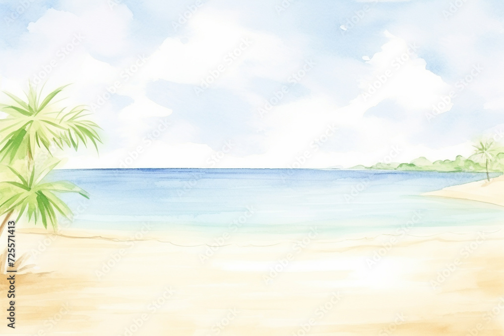 A tropical beach with crystal clear sea and white sand , cartoon drawing, water color style