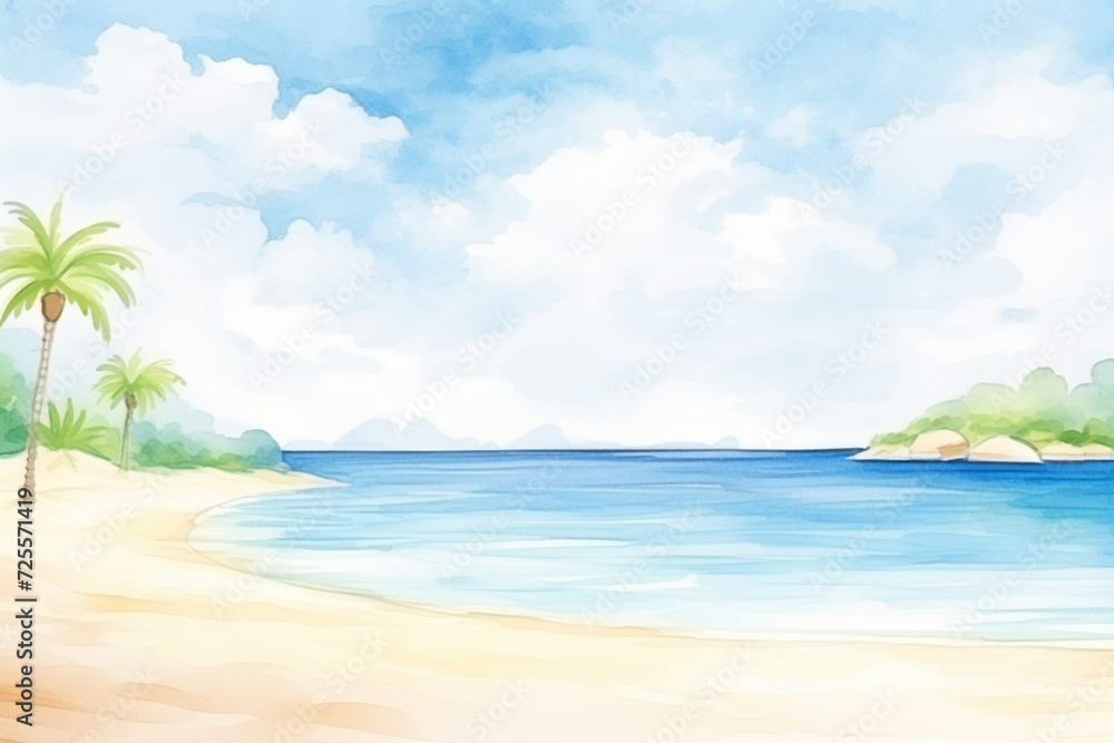 A tropical beach with crystal clear sea and white sand , cartoon drawing, water color style